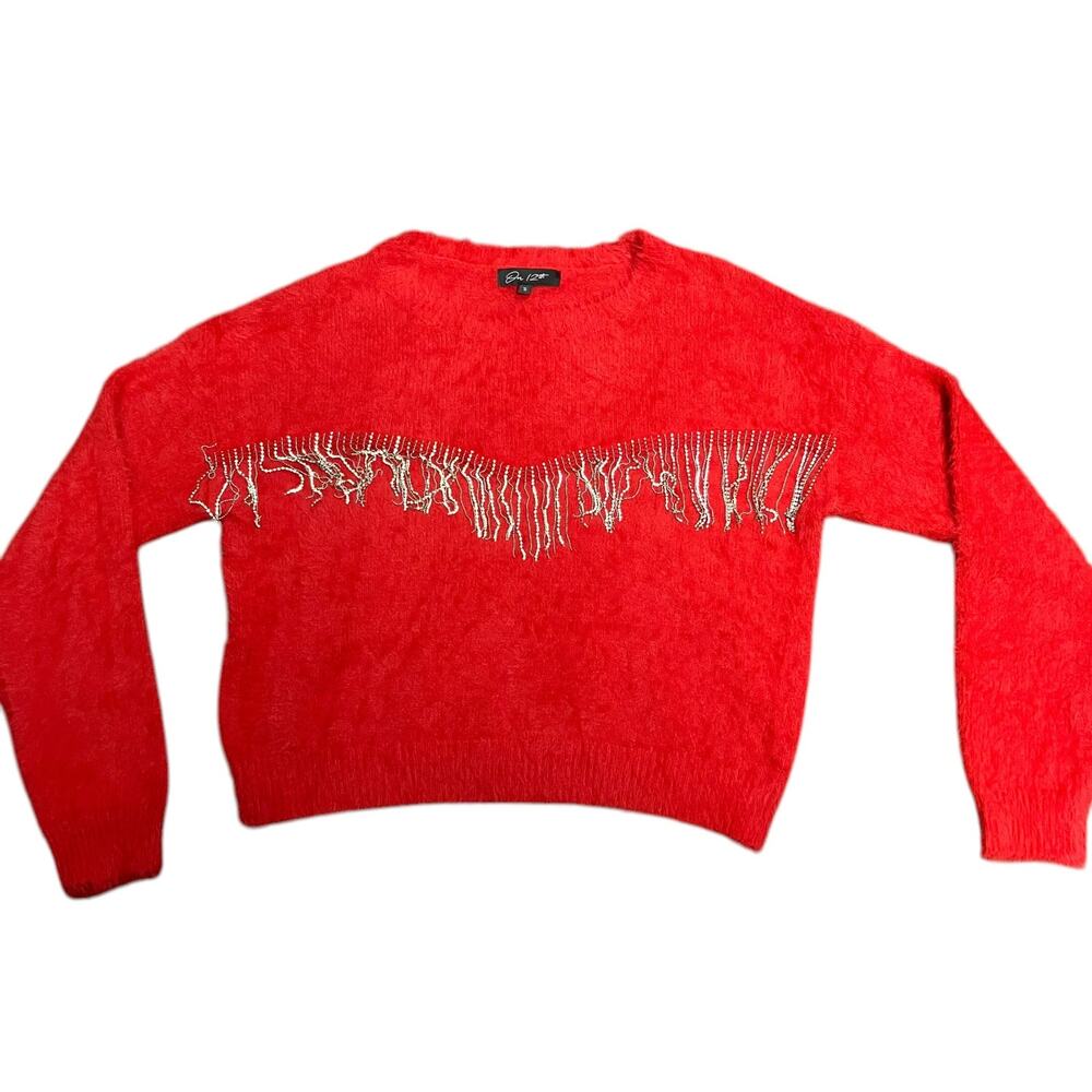 On 12th Red Soft Furry Rhinestone Fringe Pullover Holiday Sweater Size Small